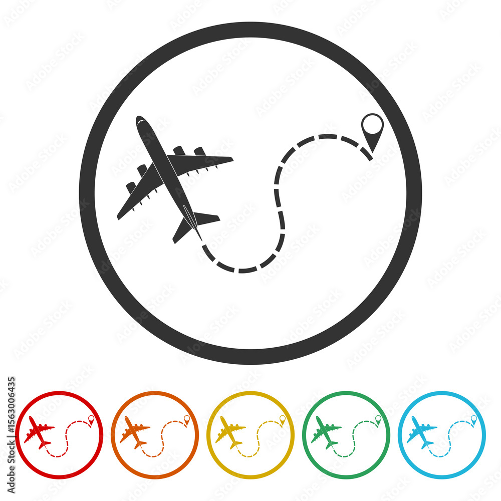 Poster airplane line path icon. set icons in color circle buttons