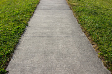 Concrete walkway bordered by green lawn on both sides on a sunny day. Clean modern garden path, urban or suburban landscaping.
