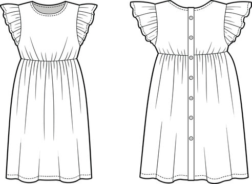 CAD drawing flat vector illustration of girls’ ruffle sleeve dress, front and back view, gathered waistline, button-down back, round neckline, children’s fashion design template
