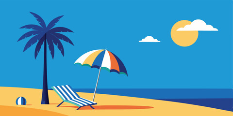 Tropical beach with palm trees, sun, and an umbrella by the sea