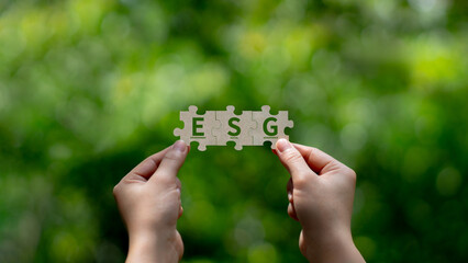 ESG concept for environment, society and governance in sustainable and ethical business operations. Hand holding a jigsaw with the word ESG. Environmental organization. Sustainable development.