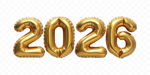 realistic 3d 2026 text made with different gold colour  hellium balloon isolated on transparent background