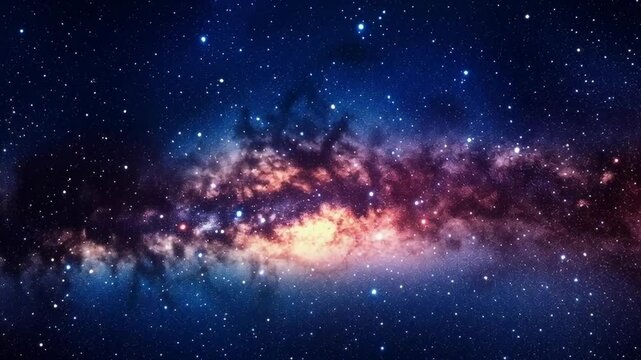 A starry sky with a galaxy in the background. The galaxy is a spiral galaxy with a bright blue center. The stars are scattered throughout the sky, some closer together and others further apart