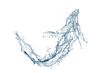 カーブした抽象的な青い矢印の波と水しぶきの3dイラスト