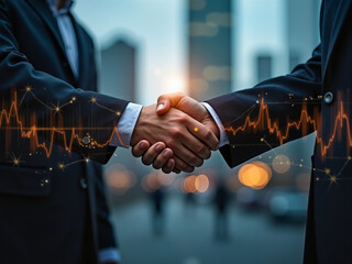 Business handshake demonstrating collaboration, trust, and mutual agreement while showcasing technological advancements in communication and data representation in a modern urban setting