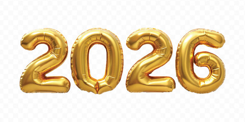 realistic 3d 2026 text made with different gold colour  hellium balloon isolated on transparent background