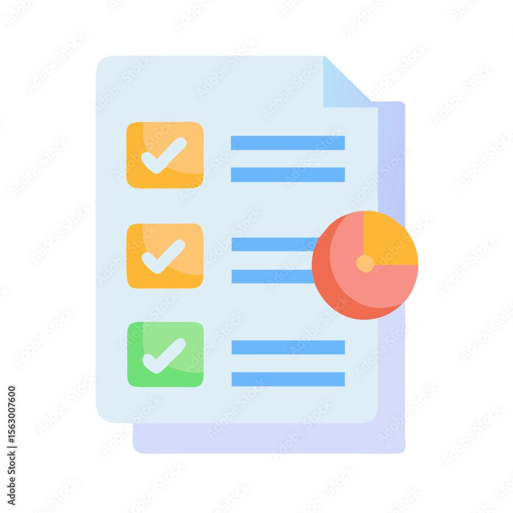 Poster checklist document with pie chart icon for business analysis