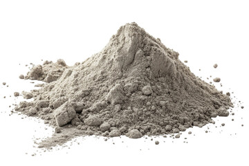 A pile of fine grey powder with small clumps and dust particles isolated on transparent background