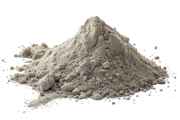 A pile of fine grey powder with small clumps and dust particles isolated on transparent background