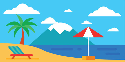 Obraz premium Summertime beach relaxation with an umbrella, golden sand, and clear ocean water under a tropical sky