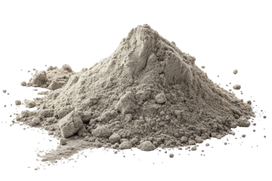 A pile of fine grey powder with small clumps and dust particles isolated on transparent background