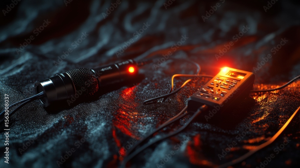 Poster a microphone and a remote control with red lights on a dark textured surface with cables around it