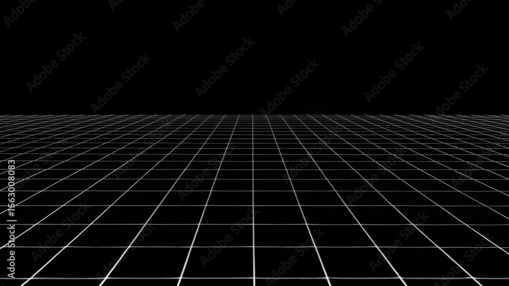 Poster a wireframe grid recedes into the distance, creating a futuristic perspective on a black background