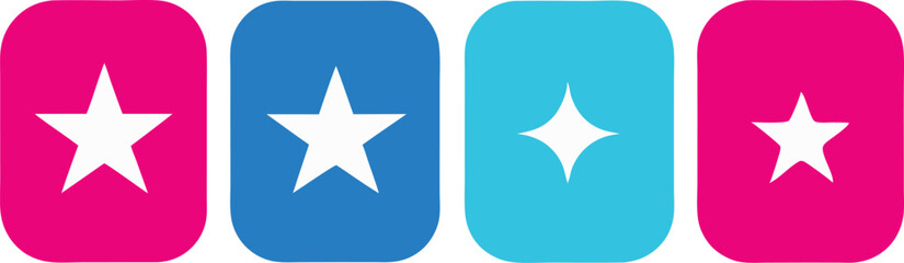 Obraz premium Colorful Star Icons: Pink, Blue, and Teal Starbursts in Rounded Square Buttons, Vector Graphic Design Elements for Web and App UI