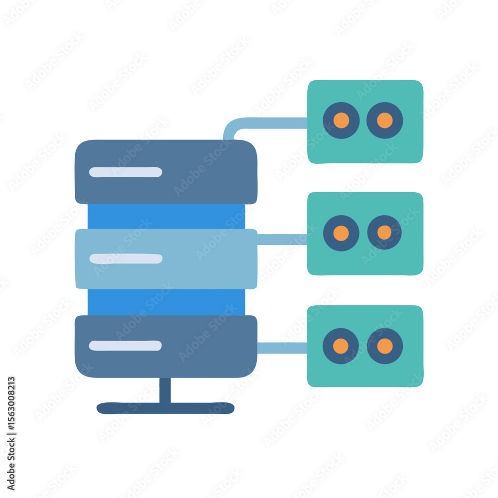 Poster flat illustration of data server connected to three nodes