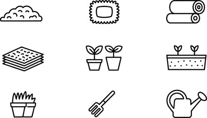 Gardening and Planting Icon Set Featuring Soil, Pots, Plants, Watering Can, and Garden Tools in Clean Line Art Style