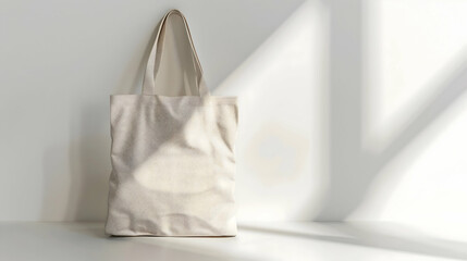 Beige tote bag against a white wall with light and shadow.