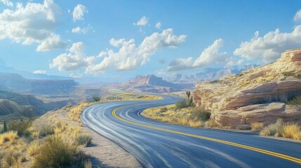 Fototapeta premium Winding road cutting through desert landscape with blue sky and scattered clouds above the horizon
