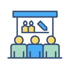 Flat design teamwork icon depicting business meeting and presentation
