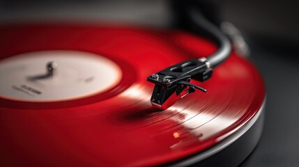 Red vinyl record spinning on a modern turntable, sleek black tonearm in focus, nostalgic and contemporary mood.