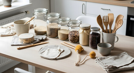 Organized kitchen table display of various pantry staples and utensils in neutral tones.
