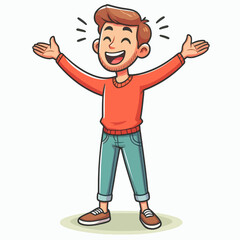 Cartoon drawing of a young man with a joyful expression, arms outstretched, conveying happiness and enthusiasm.