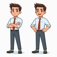 Two cartoon characters,  male figures dressed in business attire,  depicted in different poses,  against a plain background.
