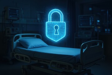 Cybersecurity in Healthcare: A visual representation of digital security protecting patient information within a hospital setting, highlighting the importance of data protection and patient privacy.