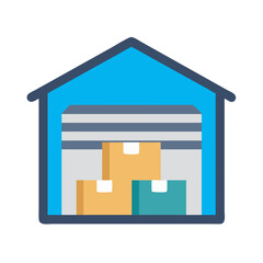Simplified warehouse icon with shipping boxes and roll door