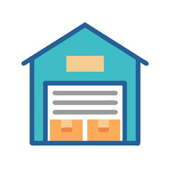Simple illustration of a blue storage warehouse with boxes