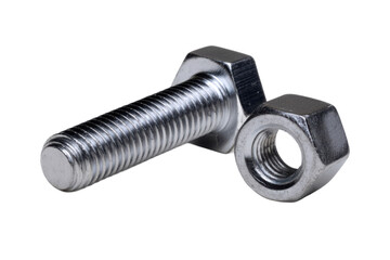 Close up of a metal bolt and nut isolated on transparent background