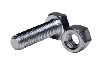 Close up of a metal bolt and nut isolated on transparent background