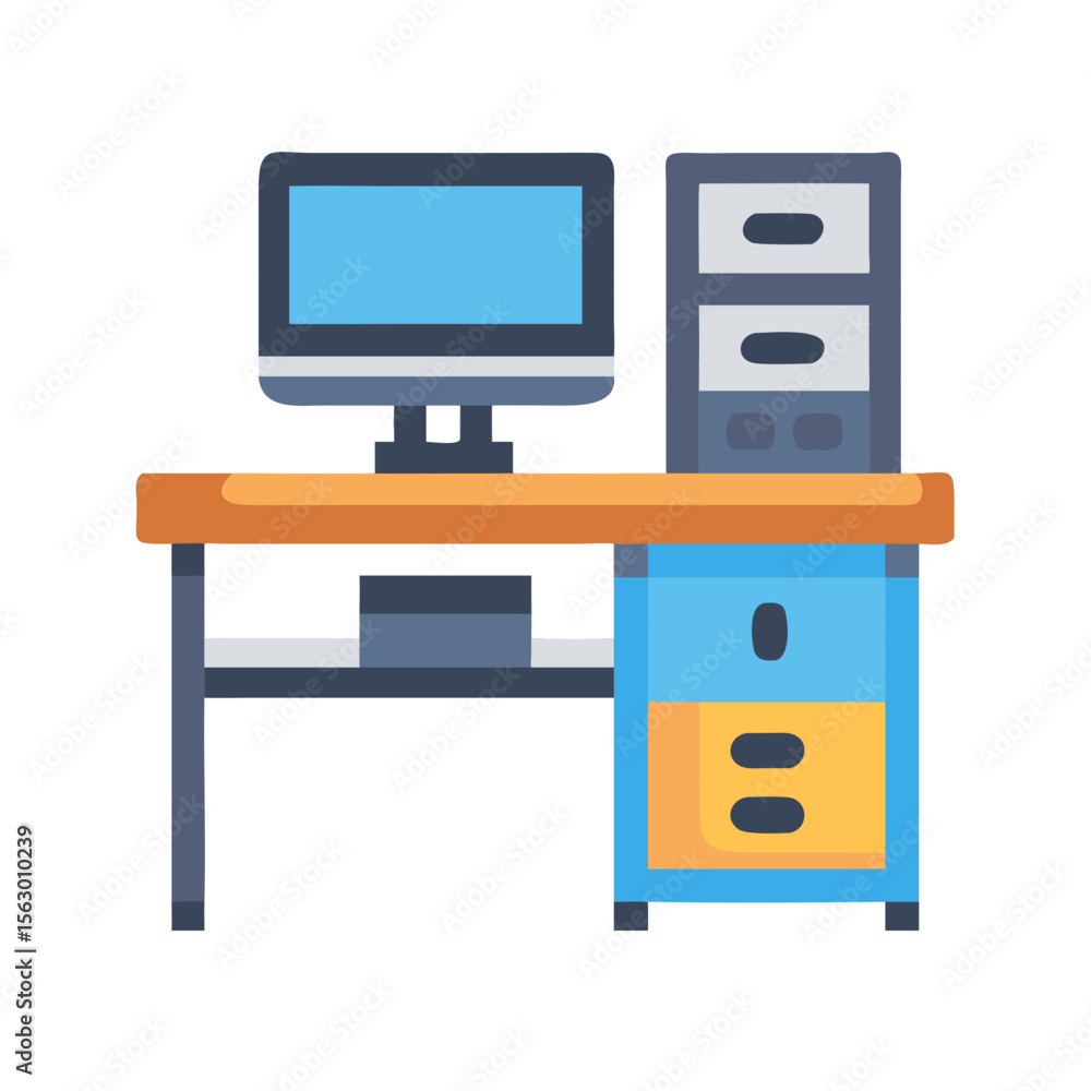 Poster flat illustration of a computer desk with filing cabinet