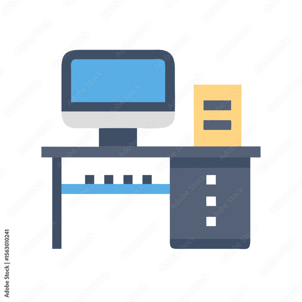 Poster simple workstation setup including desk computer and filing system