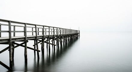 静かな水面に伸びる木製の長い桟橋 淡い光が幻想的. AI Generated