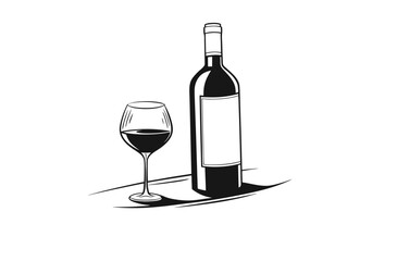 Minimalist Wine Bottle and Glass Illustration – High-Contrast Black and White Composition with Elegant Simplicity