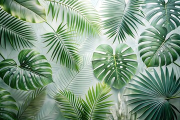 Lush Tropical Monstera and Palm Leaves: Serene Green Botanical Background
