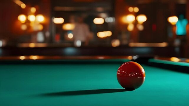 A solitary orange billiard ball resting on a green pool table with a blurred background of lights and decor.