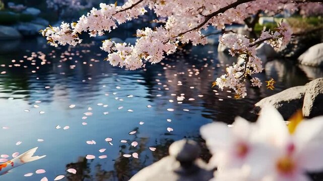 A serene pond with koi fish surrounded by cherry blossom trees and floating pink petals.
