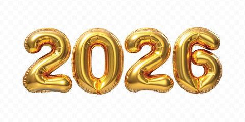 realistic 3d 2026 text made with different gold colour  hellium balloon isolated on transparent background