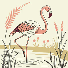 Fototapeta premium A pink flamingo stands in the water among reeds and plants