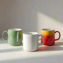 A realistic studio image of three white ceramic mugs with different colored handles (green, red, yellow) placed neatly on a neutral background. Bright soft light with no harsh shadows. 