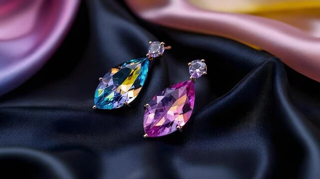 Two elegant, colorful earrings featuring a marquise cut with blue and pink gemstones, displayed on a satin fabric background.