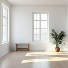 Fototapeta premium Bright room with two windows, a wooden bench, and a potted plant casting shadows on the light floor