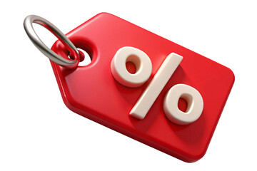Red sale tag with percentage symbol and metal ring isolated on transparent background