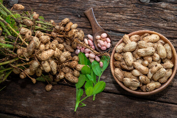 Peanuts in a peel in a wooden bowl. peeled peanut on peanut group on wooden bowl.