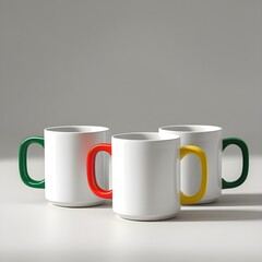 A realistic studio image of three white ceramic mugs with different colored handles (green, red, yellow) placed neatly on a neutral background. Bright soft light with no harsh shadows. 