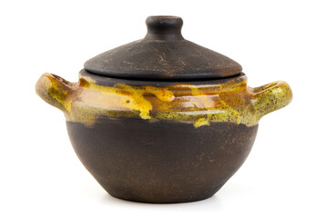 Ceramic Pot with Lid, Brown Yellow Glaze, isolated on white background
