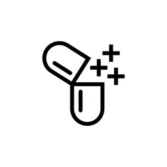 Medicine capsule icon or open pill with contents of the tablet with powder or cross signs. Health Symbol. Vector illustration.