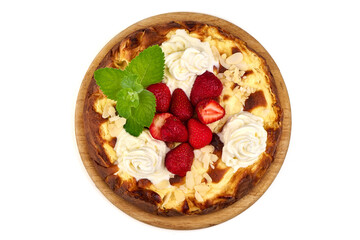 Cheesecake Strawberries Cream Almonds, isolated on white background